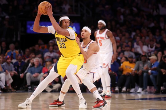 May 19, 2024; New York, New York, USA; Indiana Pacers center Myles Turner (33) controls the ball against New York Knicks guard Josh Hart (3) during the fourth quarter of game seven of the second round of the 2024 NBA playoffs at Madison Square Garden. Mandatory Credit: Brad Penner-USA TODAY Sports