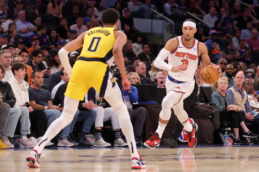May 19, 2024; New York, New York, USA; New York Knicks guard Josh Hart (3) brings the ball up court against Indiana Pacers guard Tyrese Haliburton (0) during the fourth quarter of game seven of the second round of the 2024 NBA playoffs at Madison Square Garden. Mandatory Credit: Brad Penner-USA TODAY Sports