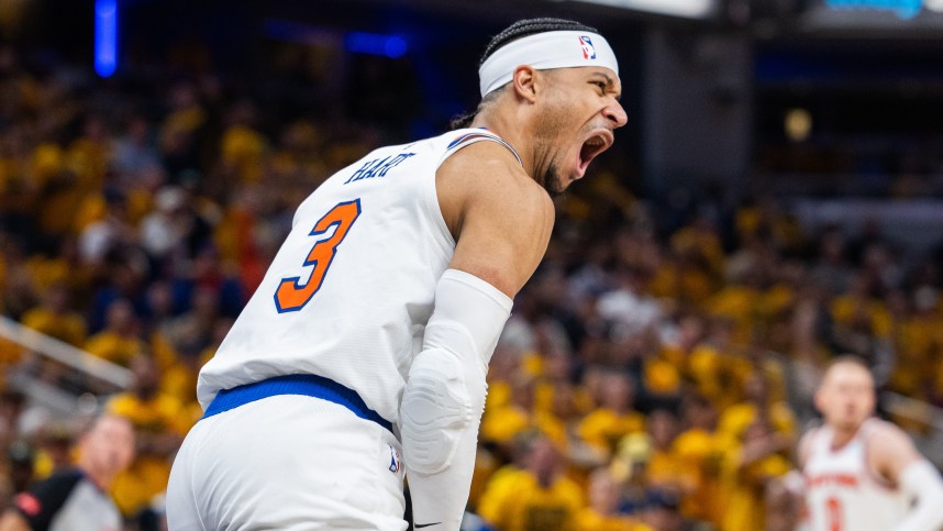 May 10, 2024; Indianapolis, Indiana, USA; New York Knicks guard Josh Hart (3) reacts to a made basket during game three of the second round for the 2024 NBA playoffs against the Indiana Pacers at Gainbridge Fieldhouse. Mandatory Credit: Trevor Ruszkowski-USA TODAY Sports