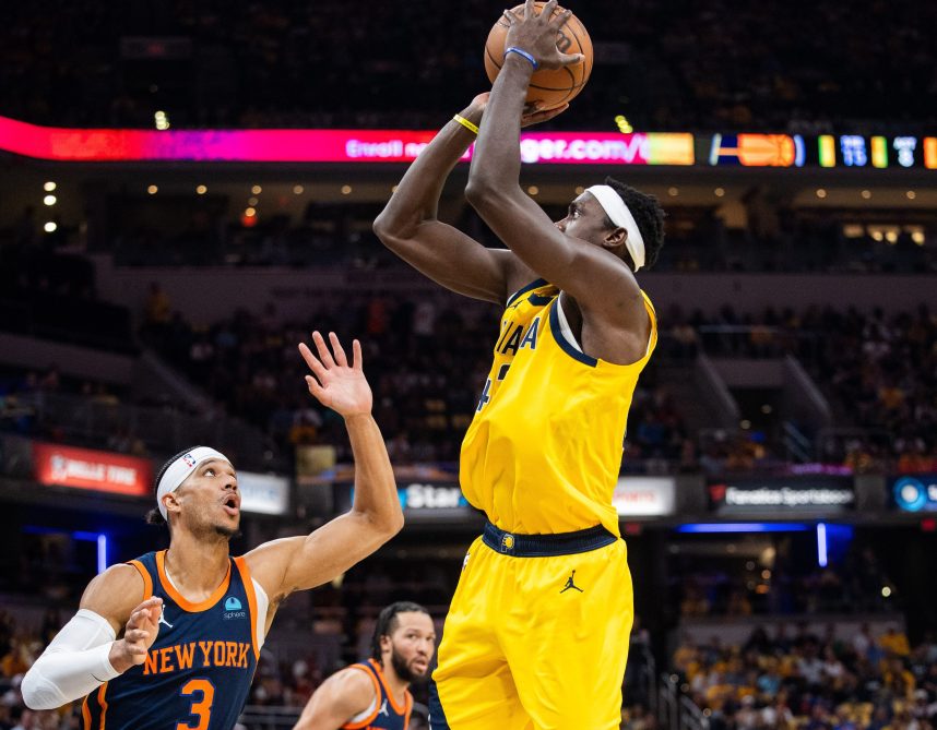 May 12, 2024; Indianapolis, Indiana, USA; Indiana Pacers forward Pascal Siakam (43) shoots the ball while New York Knicks guard Josh Hart (3)  defends during game four of the second round for the 2024 NBA playoffs at Gainbridge Fieldhouse. Mandatory Credit: Trevor Ruszkowski-USA TODAY Sports