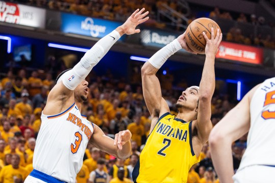 May 17, 2024; Indianapolis, Indiana, USA; Indiana Pacers guard Andrew Nembhard (2) shoots the ball while New York Knicks guard Josh Hart (3) defends during game six of the second round for the 2024 NBA playoffs at Gainbridge Fieldhouse. Mandatory Credit: Trevor Ruszkowski-USA TODAY Sports