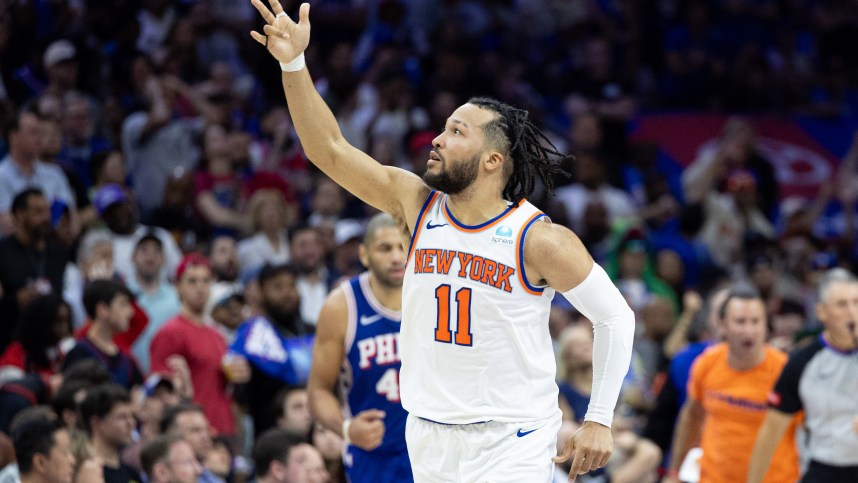 May 2, 2024; Philadelphia, Pennsylvania, USA; New York Knicks guard Jalen Brunson (11) reacts after his three pointer against the Philadelphia 76ers during the second half of game six of the first round for the 2024 NBA playoffs at Wells Fargo Center. Mandatory Credit: Bill Streicher-USA TODAY Sports