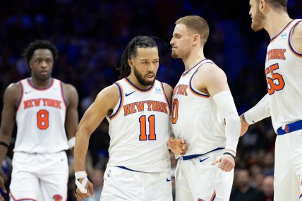 May 2, 2024; Philadelphia, Pennsylvania, USA; New York Knicks guard Jalen Brunson (11) reacts with guard Donte DiVincenzo (0) after scoring against the Philadelphia 76ers during the second half of game six of the first round for the 2024 NBA playoffs at Wells Fargo Center. Mandatory Credit: Bill Streicher-USA TODAY Sports