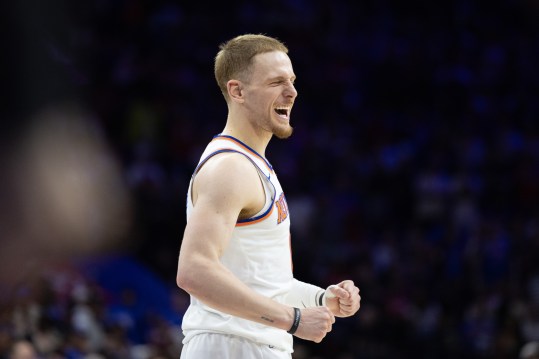 May 2, 2024; Philadelphia, Pennsylvania, USA; New York Knicks guard Donte DiVincenzo (0) reacts after a defensive stop against the Philadelphia 76ers during the second half of game six of the first round for the 2024 NBA playoffs at Wells Fargo Center. Mandatory Credit: Bill Streicher-USA TODAY Sports
