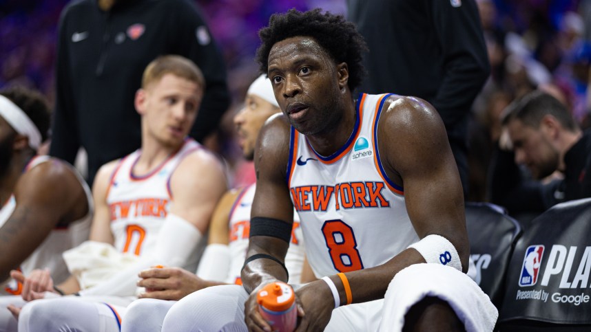 May 2, 2024; Philadelphia, Pennsylvania, USA; New York Knicks forward OG Anunoby (8) looks on from the bench during a timeout in the first half against the Philadelphia 76ers in game six of the first round for the 2024 NBA playoffs at Wells Fargo Center. Mandatory Credit: Bill Streicher-USA TODAY Sports