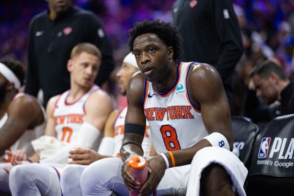 May 2, 2024; Philadelphia, Pennsylvania, USA; New York Knicks forward OG Anunoby (8) looks on from the bench during a timeout in the first half against the Philadelphia 76ers in game six of the first round for the 2024 NBA playoffs at Wells Fargo Center. Mandatory Credit: Bill Streicher-USA TODAY Sports