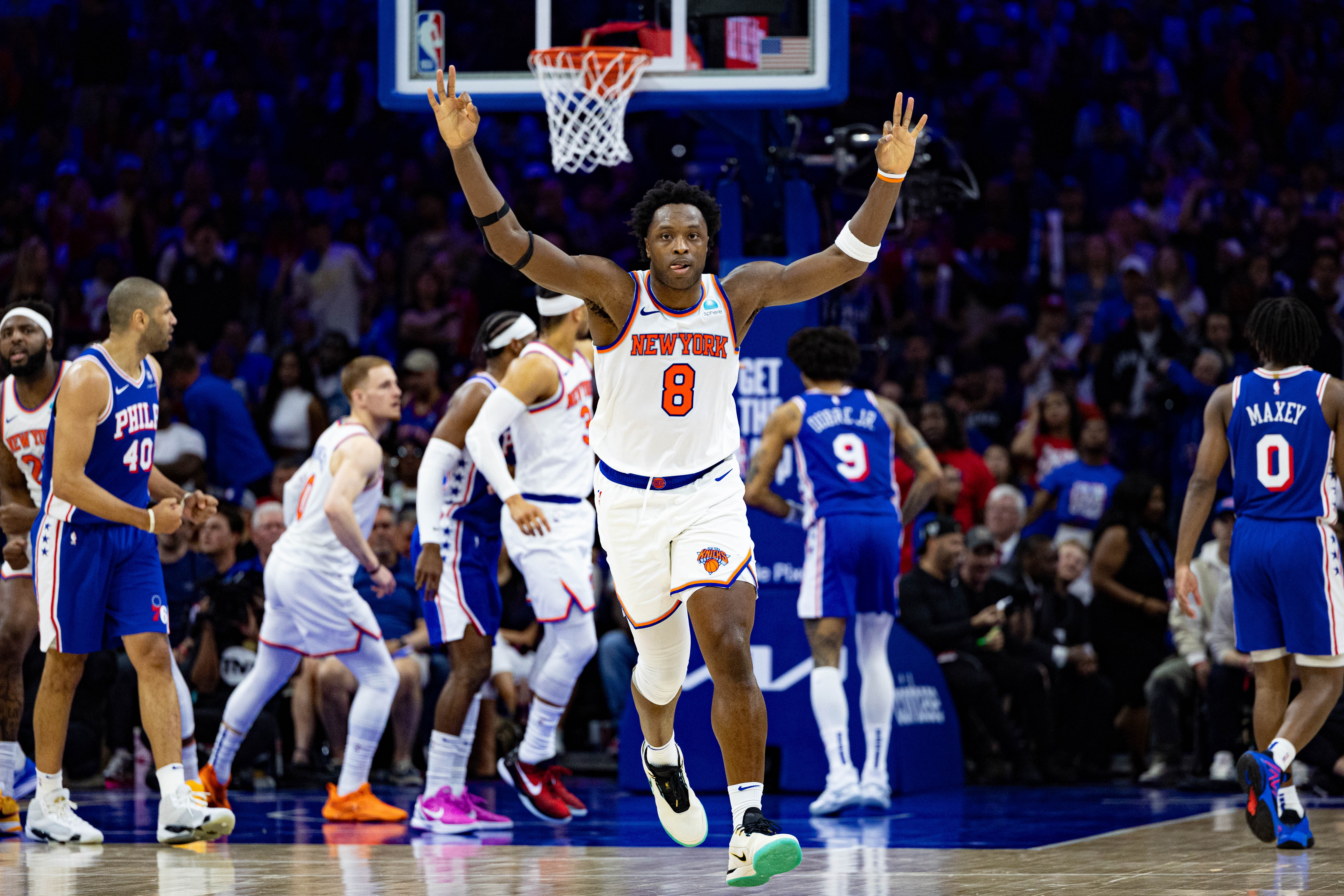 May 2, 2024; Philadelphia, Pennsylvania, USA; New York Knicks forward OG Anunoby (8) reacts to his three pointer against the Philadelphia 76ers during the second half of game six of the first round for the 2024 NBA playoffs at Wells Fargo Center. Mandatory Credit: Bill Streicher-USA TODAY Sports