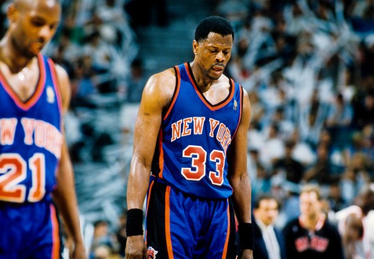 May 18, 1997; Miami, FL; USA; FILE PHOTO; New York Knicks center Patrick Ewing (33) reacts on the court against the Miami Heat during the the first round of the 1997 NBA Playoffs at the Miami Arena. Mandatory Credit: RVR Photos-USA TODAY Sports