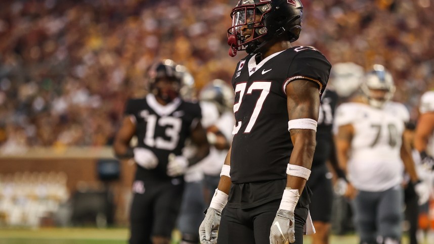 Sep 9, 2023; Minneapolis, Minnesota, USA; Minnesota Golden Gophers defensive back Tyler Nubin (New York Giants) (27) reacts during the second quarter against the Eastern Michigan Eagles at Huntington Bank Stadium. Mandatory Credit: Matt Krohn-USA TODAY Sports