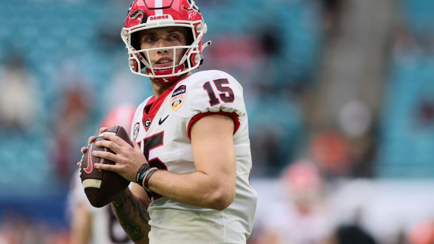 Dec 30, 2023; Miami Gardens, FL, USA; Georgia Bulldogs quarterback Carson Beck (New York Giants prospect) (15) practices before the game against the Florida State Seminoles for the 2023 Orange Bowl at Hard Rock Stadium. Mandatory Credit: Sam Navarro-USA TODAY Sports