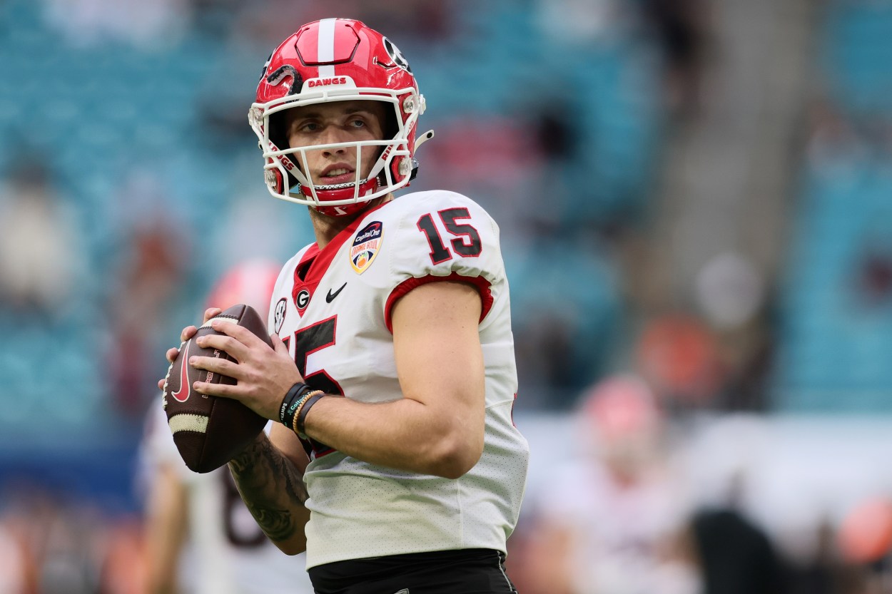 Dec 30, 2023; Miami Gardens, FL, USA; Georgia Bulldogs quarterback Carson Beck (New York Giants prospect) (15) practices before the game against the Florida State Seminoles for the 2023 Orange Bowl at Hard Rock Stadium. Mandatory Credit: Sam Navarro-USA TODAY Sports