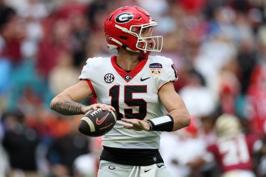 Dec 30, 2023; Miami Gardens, FL, USA; Georgia Bulldogs quarterback Carson Beck (New York Giants prospect) (15) drops back to pass against the Florida State Seminoles during the first half in the 2023 Orange Bowl at Hard Rock Stadium. Mandatory Credit: Nathan Ray Seebeck-USA TODAY Sports