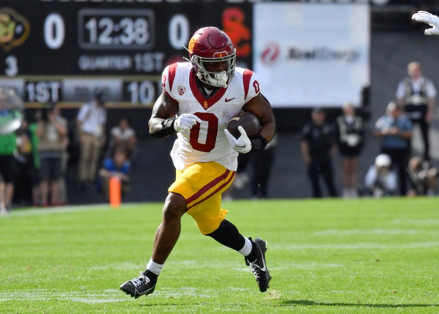 Sep 30, 2023; Boulder, Colorado, USA; USC Trojans running back MarShawn Lloyd (New York Giants draft target) (0) turns it up field on the way for a touchdown in the first quarter against the Colorado Buffaloes at Folsom Field. Mandatory Credit: John Leyba-USA TODAY Sports