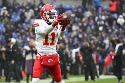Jan 28, 2024; Baltimore, Maryland, USA; Kansas City Chiefs wide receiver Marquez Valdes-Scantling (11) warms up prior to the AFC Championship football game against the Baltimore Ravens at M&T Bank Stadium. Mandatory Credit: Tommy Gilligan-USA TODAY Sports
