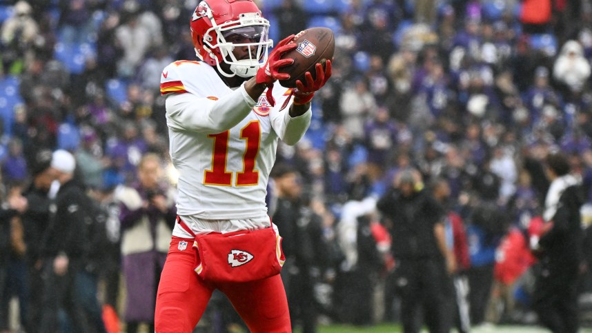 Jan 28, 2024; Baltimore, Maryland, USA; Kansas City Chiefs wide receiver Marquez Valdes-Scantling (11) warms up prior to the AFC Championship football game against the Baltimore Ravens at M&T Bank Stadium. Mandatory Credit: Tommy Gilligan-USA TODAY Sports