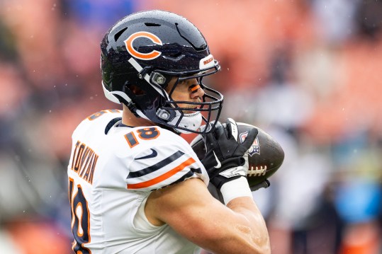 Dec 17, 2023; Cleveland, Ohio, USA; Chicago Bears tight end Robert Tonyan (18) catches the ball during warm ups before the game against the Cleveland Browns at Cleveland Browns Stadium. Mandatory Credit: Scott Galvin-USA TODAY Sports