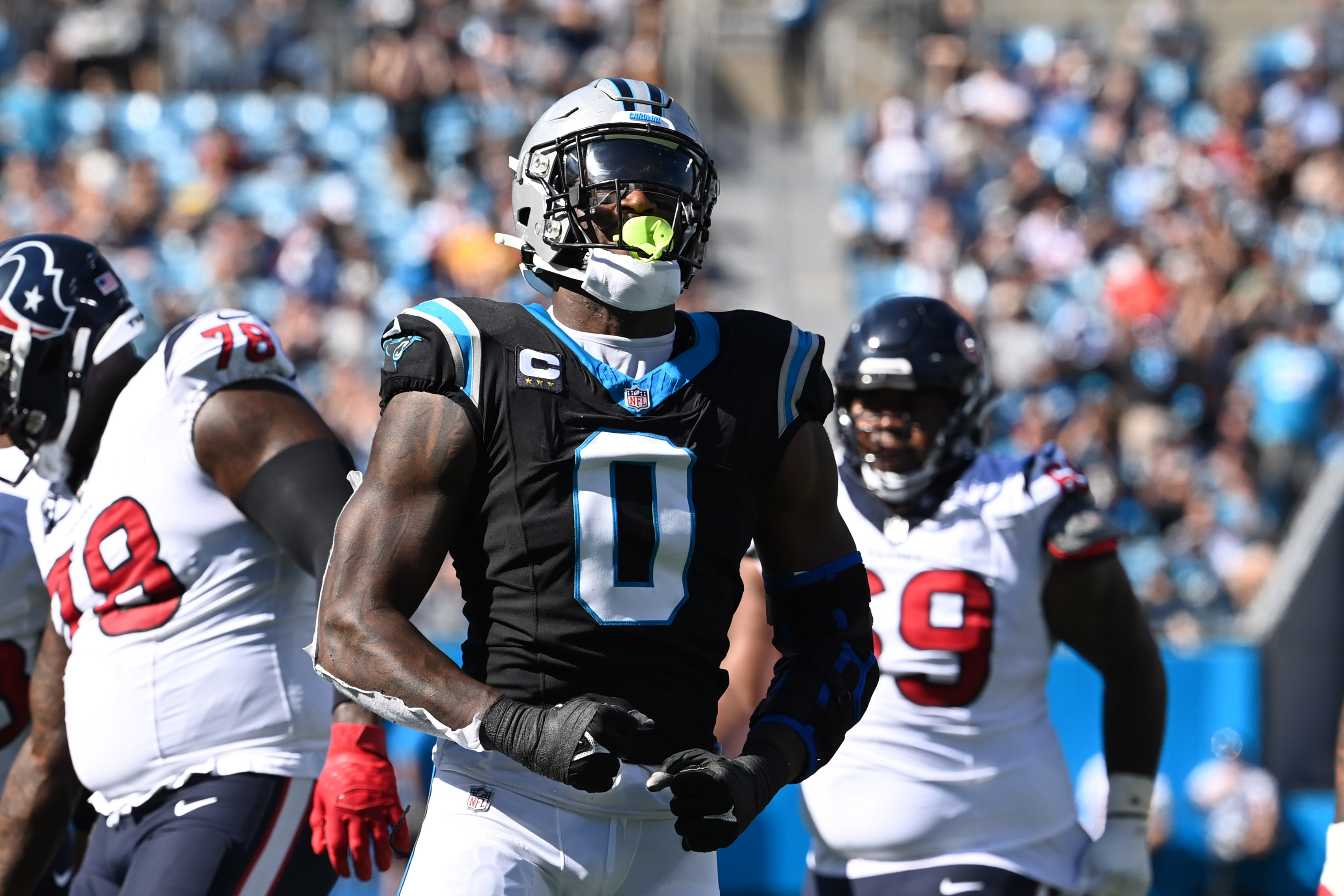 Oct 29, 2023; Charlotte, North Carolina, USA; Carolina Panthers linebacker Brian Burns (0) react after a sack in the second quarter at Bank of America Stadium. Mandatory Credit: Bob Donnan-USA TODAY Sports