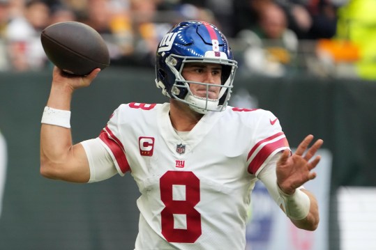 Oct 9, 2022; London, United Kingdom; New York Giants quarterback Daniel Jones (8) throws the ball in the second half against the Green Bay Packers during an NFL International Series game at Tottenham Hotspur Stadium. Mandatory Credit: Kirby Lee-USA TODAY Sports