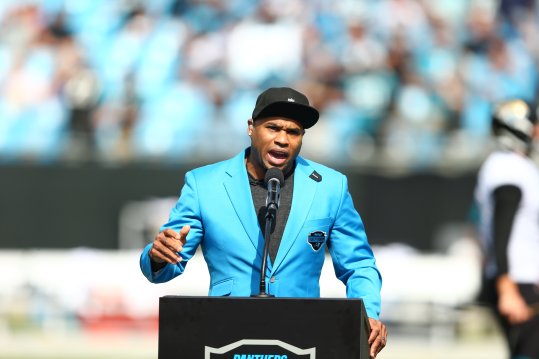 Oct 6, 2019; Charlotte, NC, USA; Former Carolina Panthers wide receiver Steve Smith Sr. speaks during the Hall of Honor ceremony during halftime against the Jacksonville Jaguars at Bank of America Stadium. Mandatory Credit: Jeremy Brevard-USA TODAY Sports