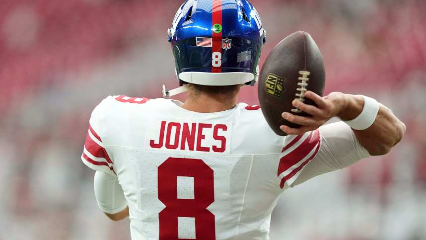 Sep 17, 2023; Glendale, Arizona, USA; New York Giants quarterback Daniel Jones (8) warms up prior to facing the Arizona Cardinals at State Farm Stadium. Mandatory Credit: Joe Camporeale-USA TODAY Sports