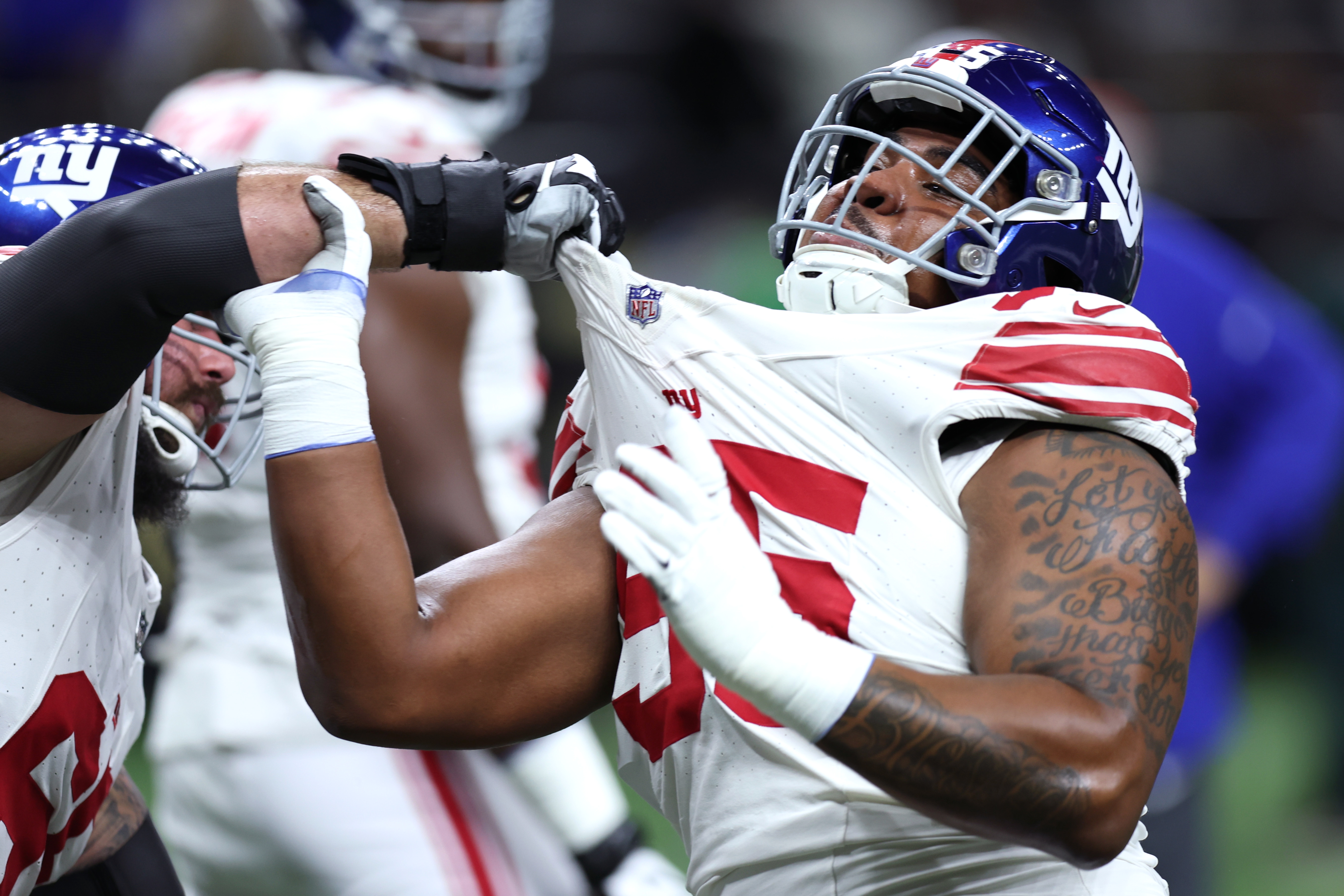 Dec 17, 2023; New Orleans, Louisiana, USA; New York Giants defensive tackle Jordon Riley (95) warms up before the game against the New Orleans Saints at Caesars Superdome. Mandatory Credit: Stephen Lew-USA TODAY Sports