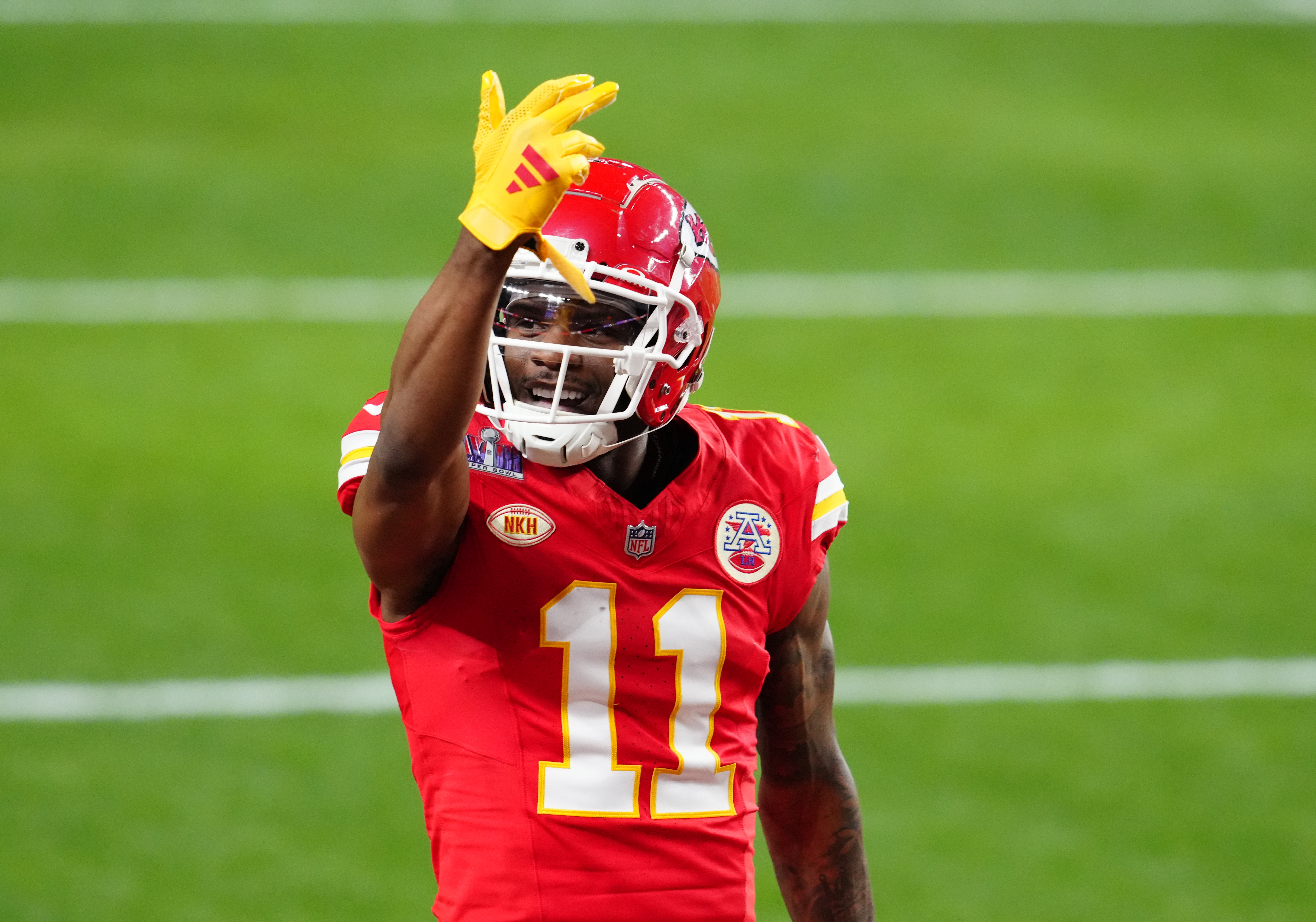 Feb 11, 2024; Paradise, Nevada, USA; Kansas City Chiefs wide receiver Marquez Valdes-Scantling (New York Jets target) (11) celebrates a touchdown catch against the San Francisco 49ers in the second half in Super Bowl LVIII at Allegiant Stadium. Mandatory Credit: Stephen R. Sylvanie-USA TODAY Sports