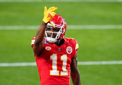 Feb 11, 2024; Paradise, Nevada, USA; Kansas City Chiefs wide receiver Marquez Valdes-Scantling (New York Jets target) (11) celebrates a touchdown catch against the San Francisco 49ers in the second half in Super Bowl LVIII at Allegiant Stadium. Mandatory Credit: Stephen R. Sylvanie-USA TODAY Sports