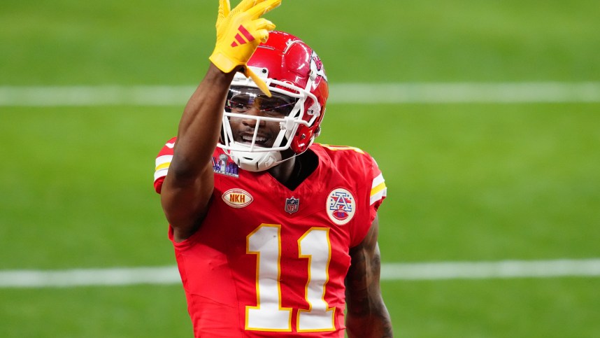 Feb 11, 2024; Paradise, Nevada, USA; Kansas City Chiefs wide receiver Marquez Valdes-Scantling (New York Jets target) (11) celebrates a touchdown catch against the San Francisco 49ers in the second half in Super Bowl LVIII at Allegiant Stadium. Mandatory Credit: Stephen R. Sylvanie-USA TODAY Sports
