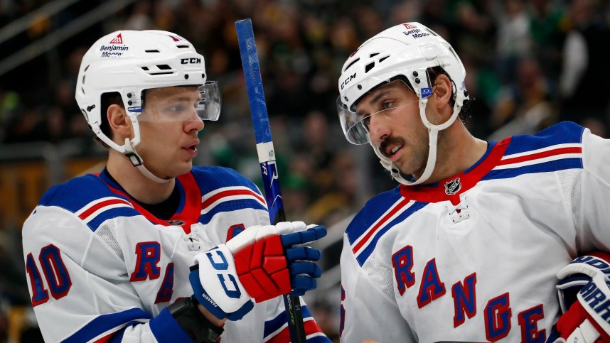 Mar 16, 2024; Pittsburgh, Pennsylvania, USA;  New York Rangers left wing Artemi Panarin (10) talks to center Vincent Trocheck (16) against the Pittsburgh Penguins during the second period at PPG Paints Arena. Mandatory Credit: Charles LeClaire-USA TODAY Sports