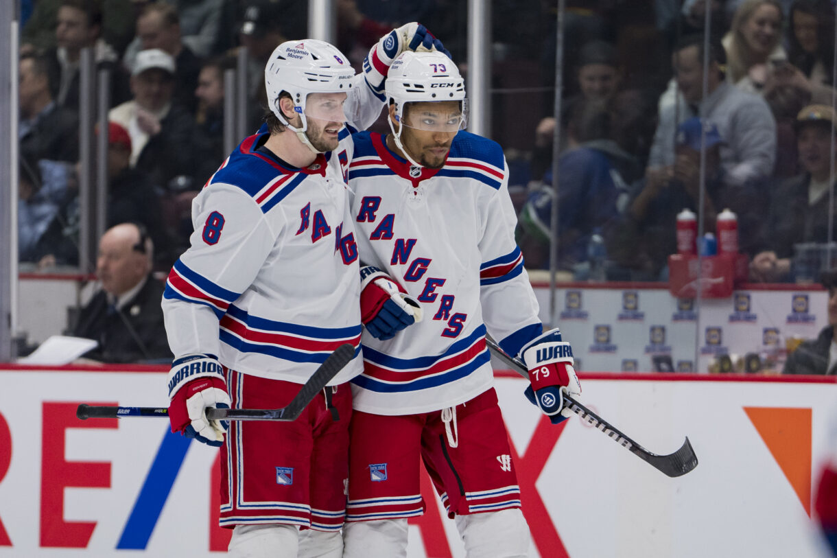 Feb 15, 2023; Vancouver, British Columbia, CAN; New York Rangers defenseman Jacob Trouba (8) celebrates defenseman K