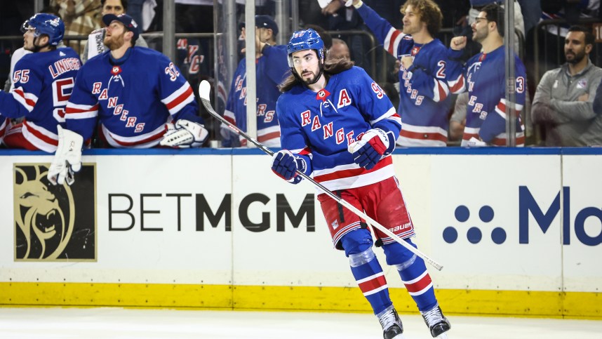 May 5, 2024; New York, New York, USA; New York Rangers center Mika Zibanejad (93) celebrates after scoring his second goal of the game in the first period against the Carolina Hurricanes in game one of the second round of the 2024 Stanley Cup Playoffs at Madison Square Garden. Mandatory Credit: Wendell Cruz-USA TODAY Sports