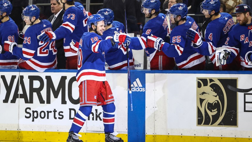 May 5, 2024; New York, New York, USA; New York Rangers left wing Artemi Panarin (10) celebrates with his teammates after scoring a goal in the third period against the Carolina Hurricanes in game one of the second round of the 2024 Stanley Cup Playoffs at Madison Square Garden. Mandatory Credit: Wendell Cruz-USA TODAY Sports