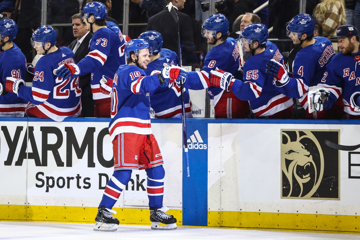 May 5, 2024; New York, New York, USA; New York Rangers left wing Artemi Panarin (10) celebrates with his teammates after scoring a goal in the third period against the Carolina Hurricanes in game one of the second round of the 2024 Stanley Cup Playoffs at Madison Square Garden. Mandatory Credit: Wendell Cruz-USA TODAY Sports