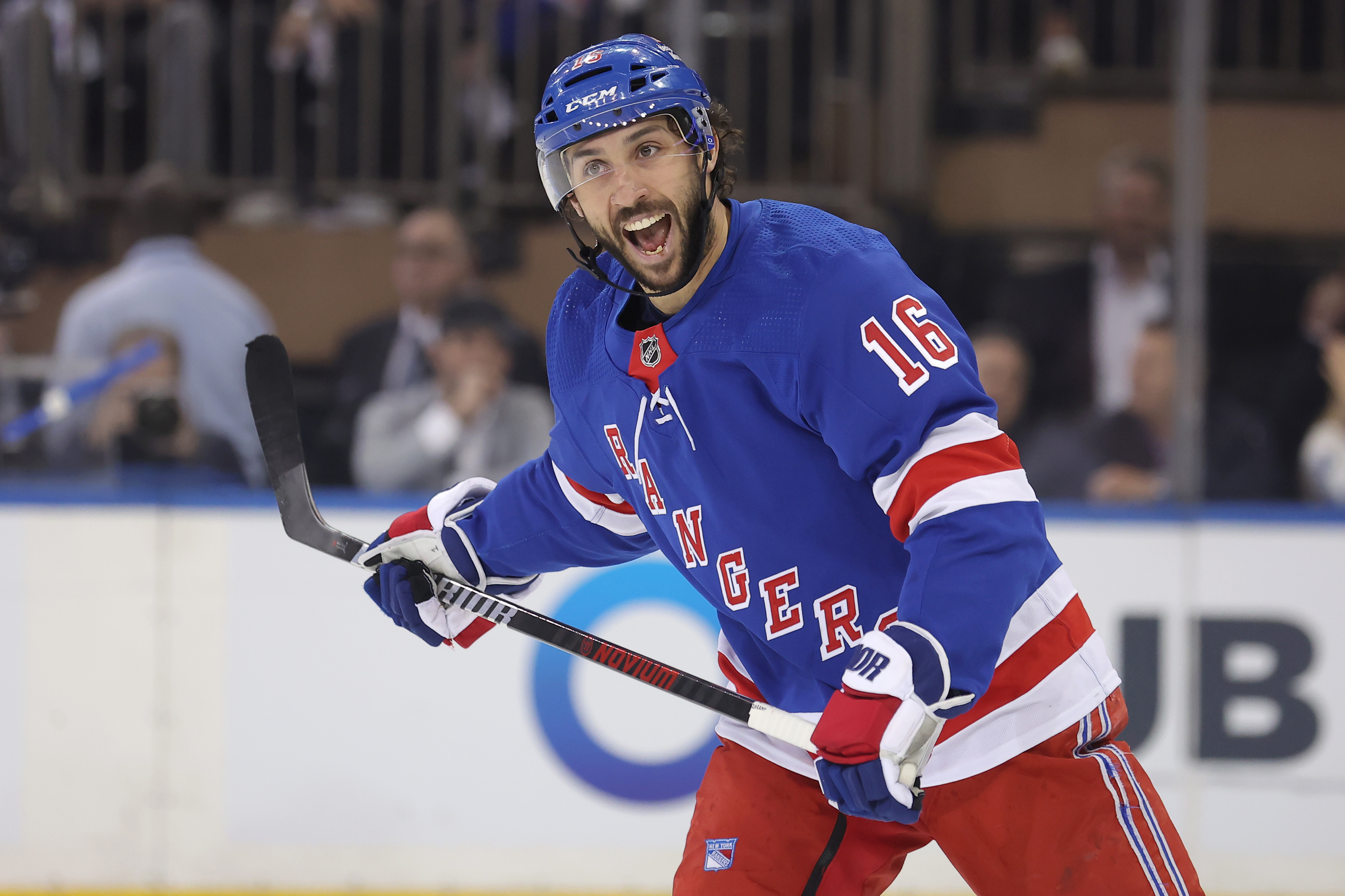 May 7, 2024; New York, New York, USA; New York Rangers center Vincent Trocheck (16) reacts during the first period of game two of the second round of the 2024 Stanley Cup Playoffs against the Carolina Hurricanes at Madison Square Garden. Mandatory Credit: Brad Penner-USA TODAY Sports