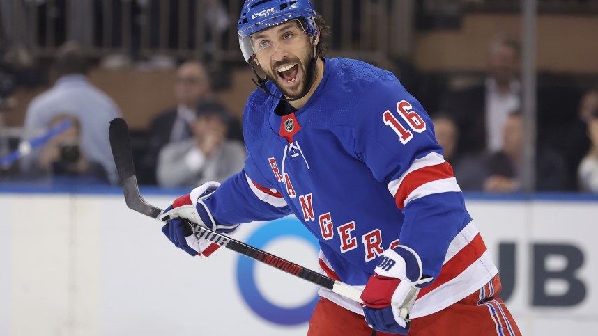 May 7, 2024; New York, New York, USA; New York Rangers center Vincent Trocheck (16) reacts during the first period of game two of the second round of the 2024 Stanley Cup Playoffs against the Carolina Hurricanes at Madison Square Garden. Mandatory Credit: Brad Penner-USA TODAY Sports