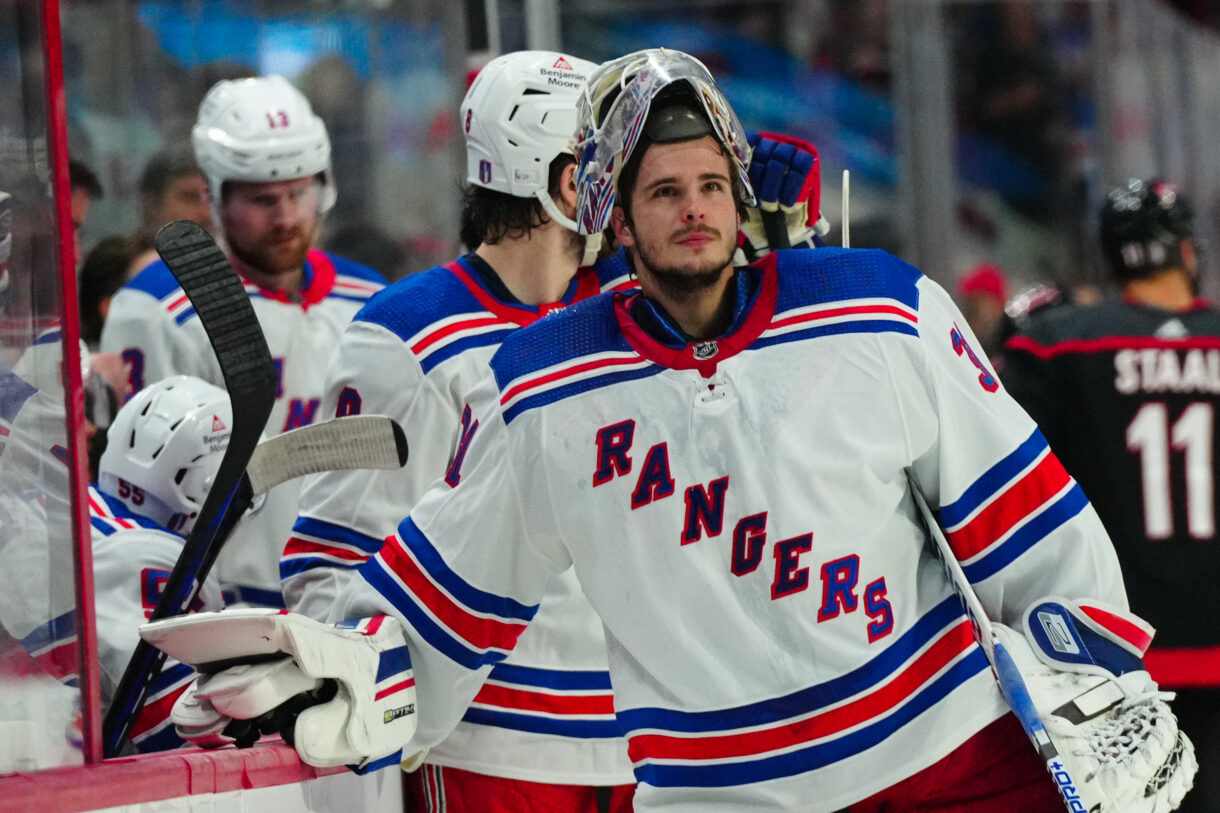 May 9, 2024; Raleigh, North Carolina, USA; New York Rangers goaltender Igor Shesterkin (31) looks on against the Carolina Hurricanes during the first period in game three of the second round of the 2024 Stanley Cup Playoffs at PNC Arena. Mandatory Credit: James Guillory-USA TODAY Sports