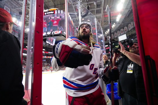 May 9, 2024; Raleigh, North Carolina, USA; New York Rangers center Mika Zibanejad (93) comes off the ice after the warmups before the game against the Carolina Hurricanes in game three of the second round of the 2024 Stanley Cup Playoffs at PNC Arena. Mandatory Credit: James Guillory-USA TODAY Sports