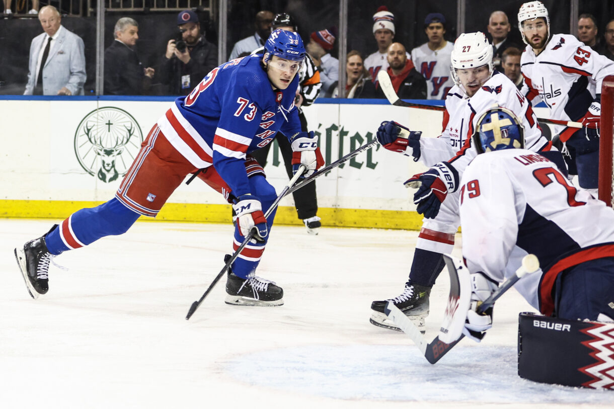 Apr 21, 2024; New York, New York, USA; New York Rangers center Matt Rempe (73) scores a goal in the second period against the Washington Capitals in game one of the first round of the 2024 Stanley Cup Playoffs at Madison Square Garden. Mandatory Credit: Wendell Cruz-USA TODAY Sports