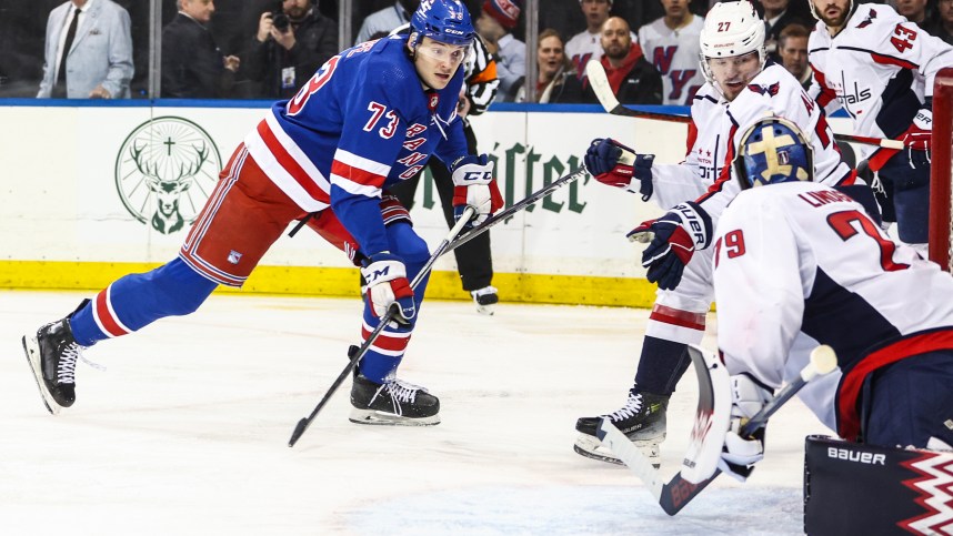 Apr 21, 2024; New York, New York, USA; New York Rangers center Matt Rempe (73) scores a goal in the second period against the Washington Capitals in game one of the first round of the 2024 Stanley Cup Playoffs at Madison Square Garden. Mandatory Credit: Wendell Cruz-USA TODAY Sports