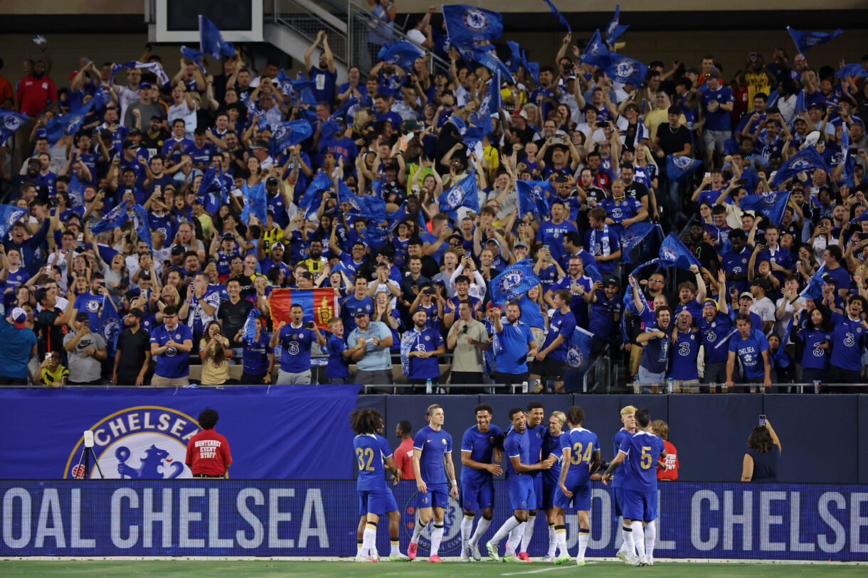 Aug 2, 2023; Chicago, Illinois, USA; Chelsea celebrate after forward Mason Burstow (48) scored a goal against Borussia Dortmund during the second half at Soldier Field. Mandatory Credit: Jon Durr-USA TODAY Sports