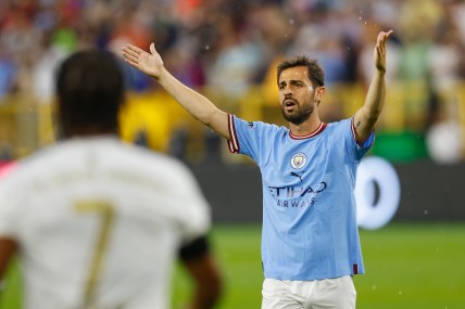 Jul 23, 2022; Green Bay, WI, USA;  Manchester City FC midfielder Bernardo Silva (20) reacts to a call during the second half against FC Bayern Munich at Lambeau Field. Mandatory Credit: Jeff Hanisch-USA TODAY Sports