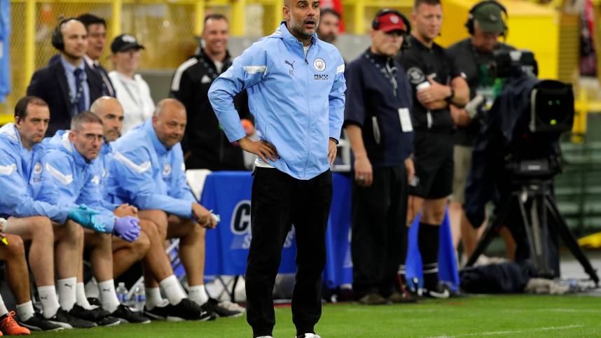 Manchester City manager Pep Guardiola watches a play during the team's exhibition match against FC Bayern Munich at Lambeau Field on July 23, 2022, in Green Bay, Wis.  Gpg Lambeausoccer 072322 Sk48
