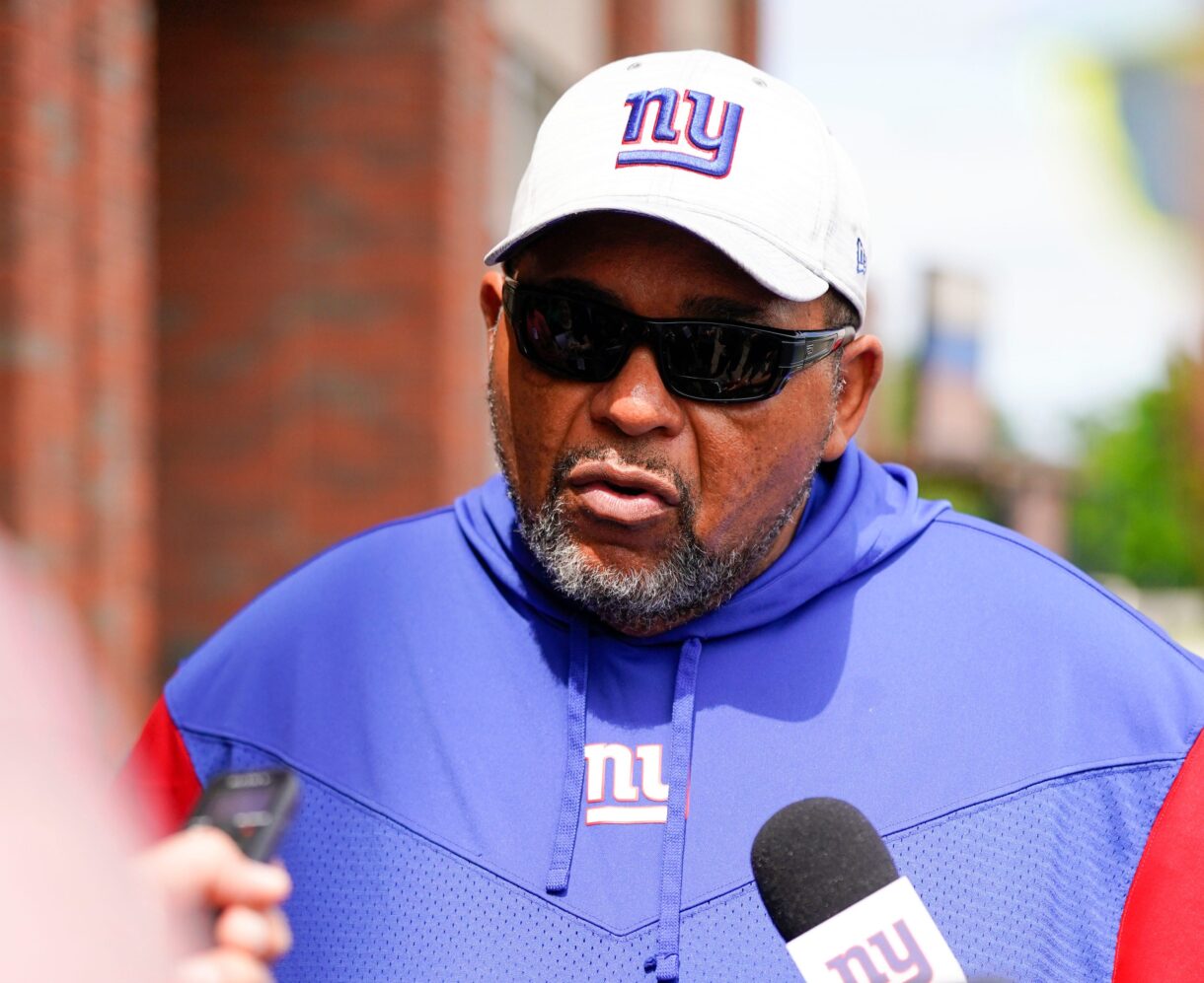 Andre Patterson, New York Giants defensive line coach, talks to reporters before mandatory minicamp at the Giants training center in East Rutherford on Tuesday, June 13, 2023. Credit:Danielle Parhizkaran/NorthJersey.com / USA TODAY NETWORK