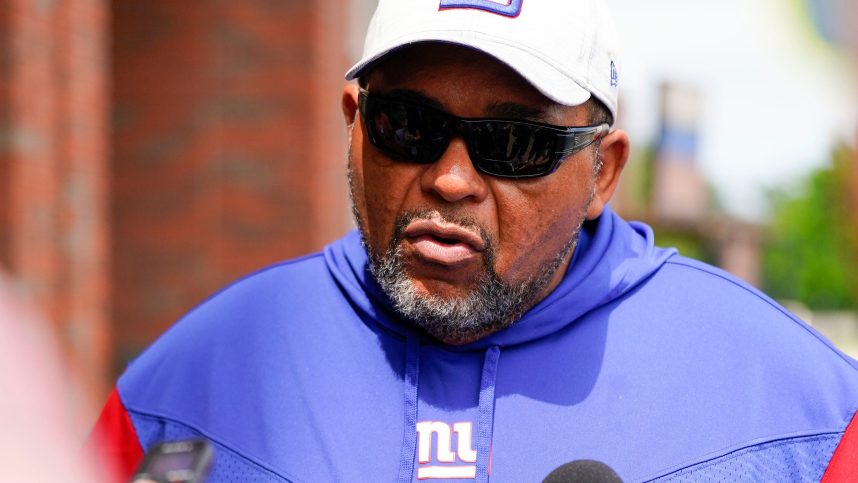 Andre Patterson, New York Giants defensive line coach, talks to reporters before mandatory minicamp at the Giants training center in East Rutherford on Tuesday, June 13, 2023. Credit:Danielle Parhizkaran/NorthJersey.com / USA TODAY NETWORK