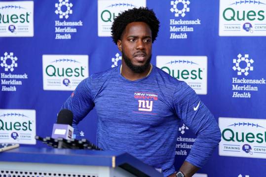 New York Giants assistant general manager Brandon Brown talks to reporters after the first day of mandatory minicamp at the Giants training center in East Rutherford on Tuesday, June 13, 2023.