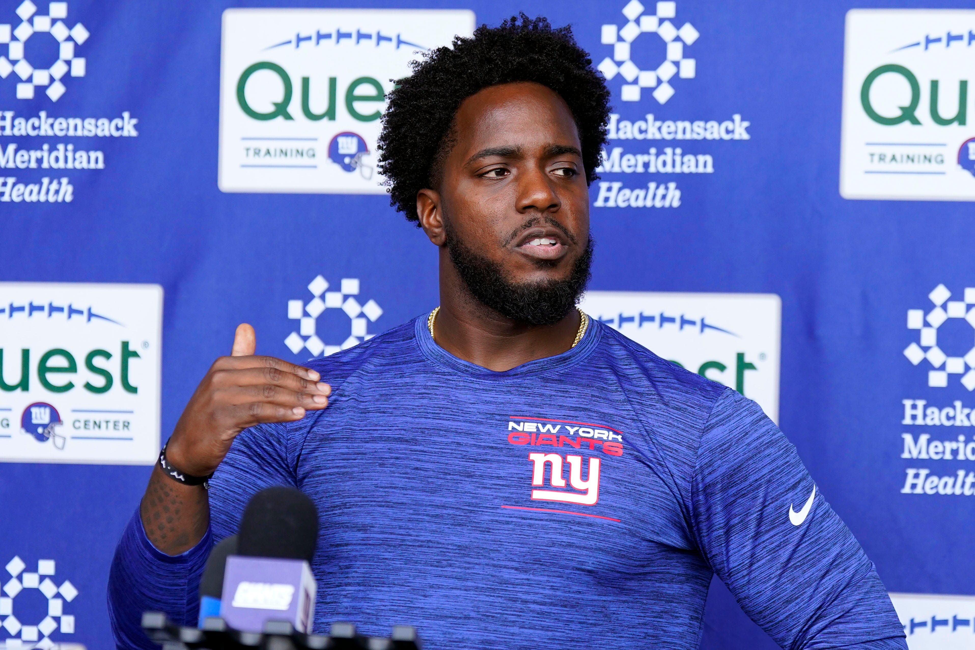 New York Giants assistant general manager Brandon Brown talks to reporters after the first day of mandatory minicamp at the Giants training center in East Rutherford on Tuesday, June 13, 2023. Credit:Danielle Parhizkaran/NorthJersey.com / USA TODAY NETWORK