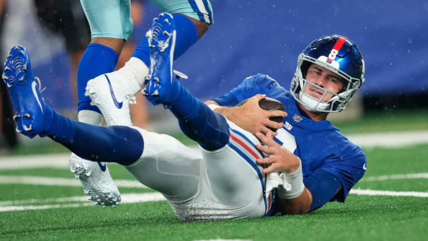 New York Giants quarterback Daniel Jones (8), is shown on the ground after being sacked by Dallas Cowboys linebacker Micah Parsons (not shown) in the first quarter. Sunday, September 10, 2023 Credit:Kevin R. Wexler/NorthJersey.com / USA TODAY NETWORK