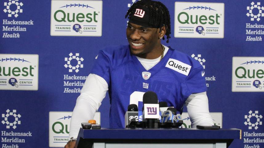 East Rutherford , NJ — May 10, 2024 -- The number one draft pick for the Giants is wide receiver Malik Nabers as the NY Giants hold their Rookie Camp and introduce their new draft picks.