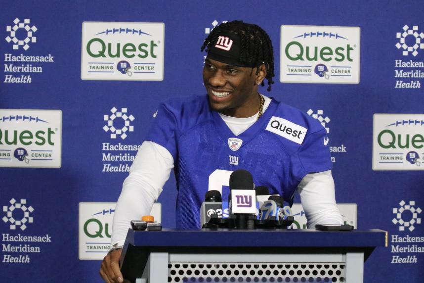 East Rutherford , NJ — May 10, 2024 -- The number one draft pick for the Giants is wide receiver Malik Nabers as the NY Giants hold their Rookie Camp and introduce their new draft picks.