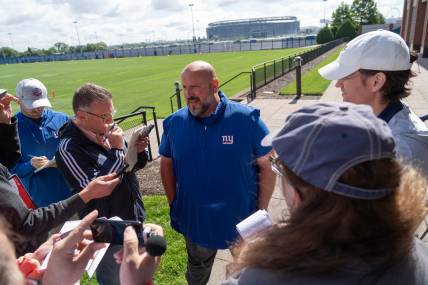 Offensive Line Coach Carmen Bricillo, of the NY Giants NFL team at an organized team activity at their training facility in East Rutherford, NJ on Thursday May 30, 2024.